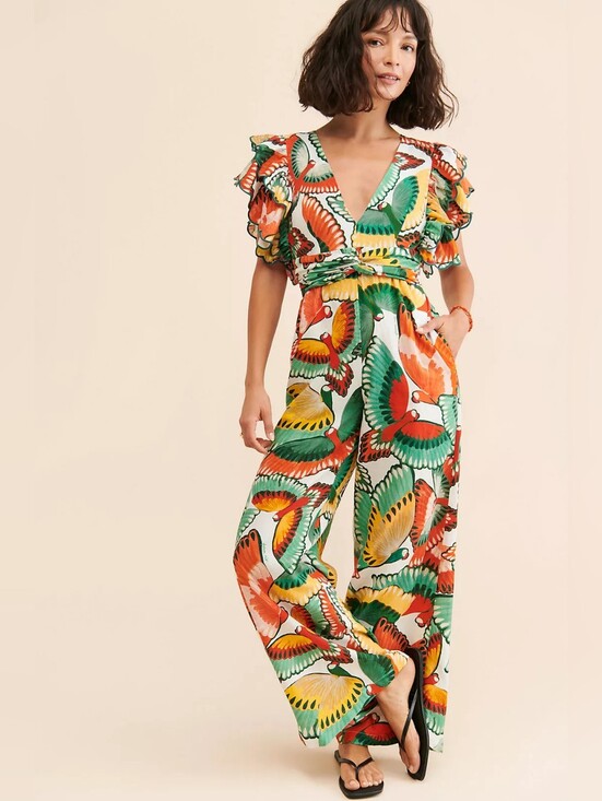 FARM Rio Pants - FARM Rio Ruffle-Sleeve Printed Jumpsuit Small
